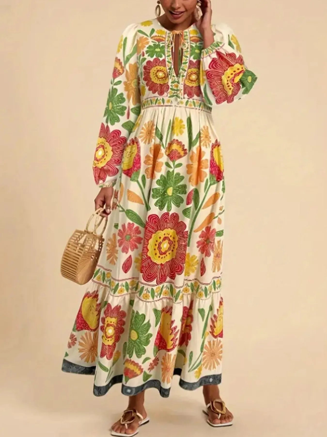 Floral Tie Waist Long Sleeve Dress - MAD RUFFI