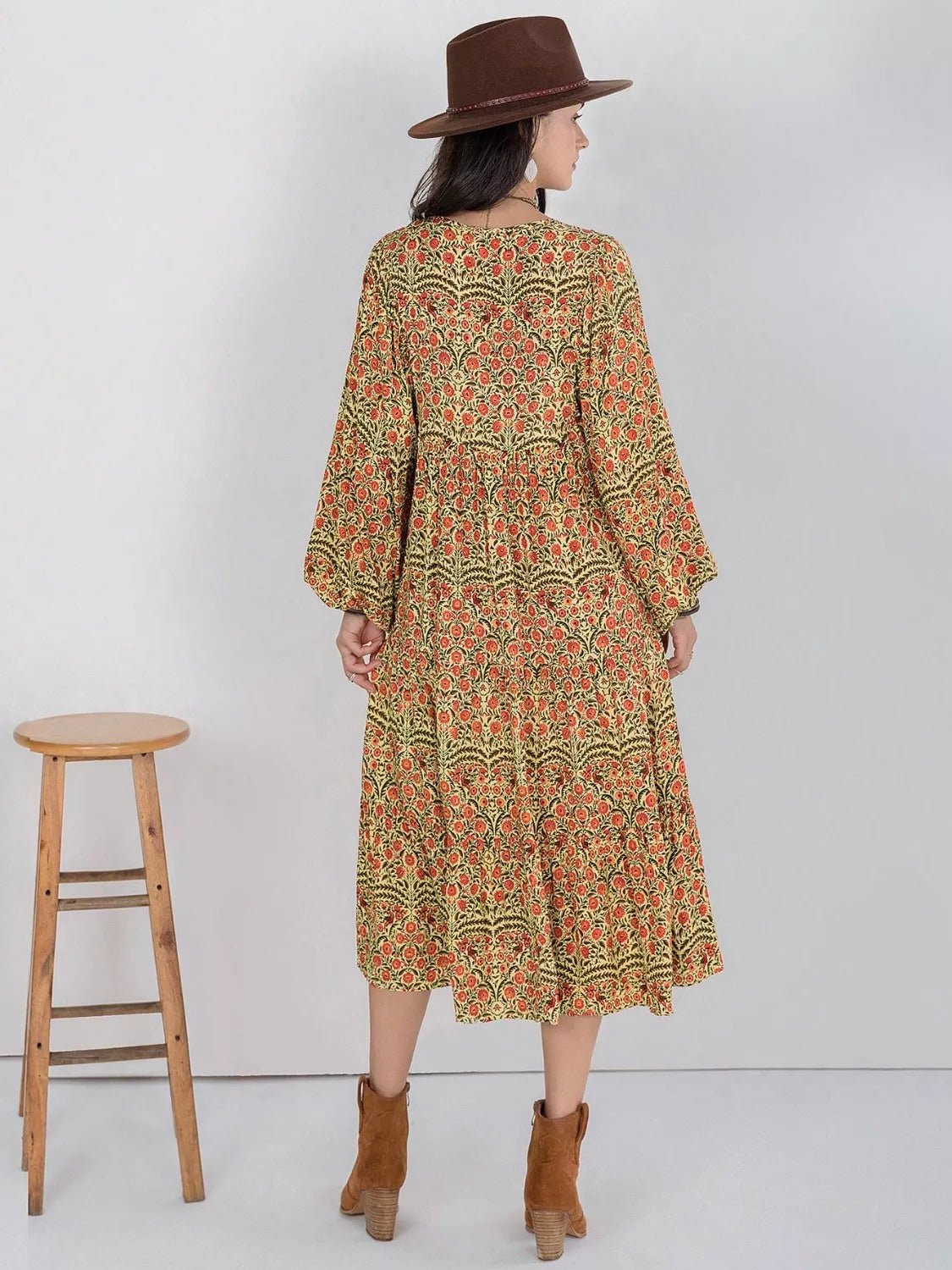 Floral Tiered Midi Dress with Balloon Sleeves - MAD RUFFI