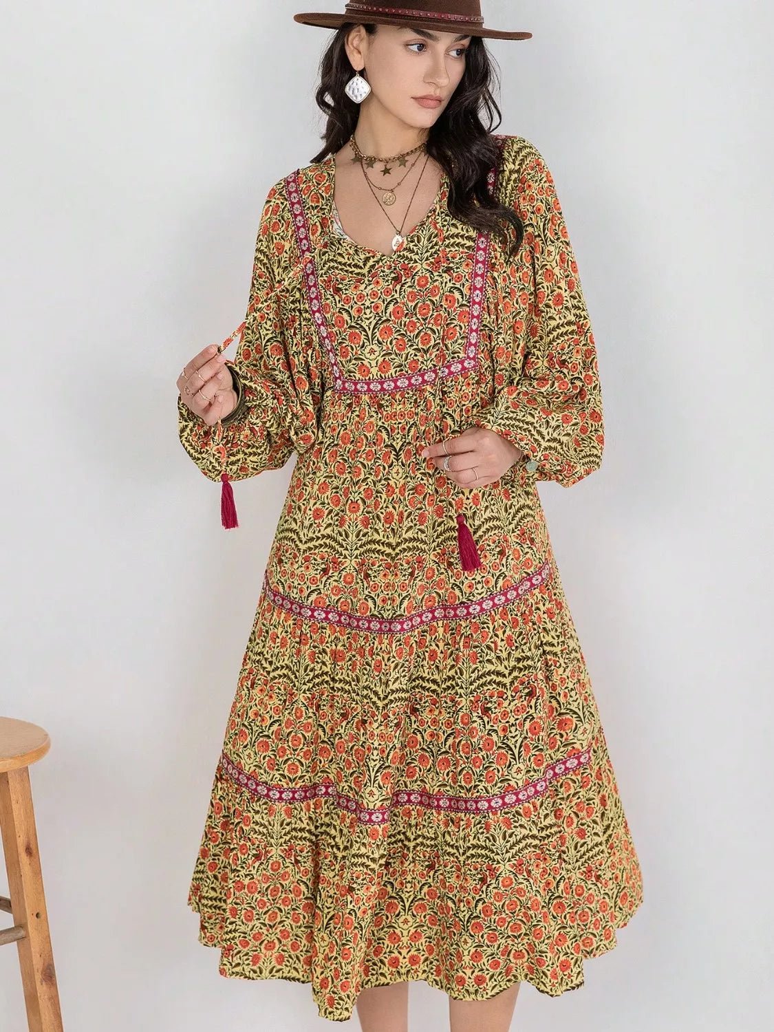 Floral Tiered Midi Dress with Balloon Sleeves - MAD RUFFI