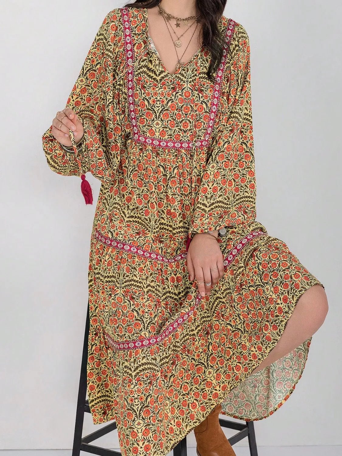 Floral Tiered Midi Dress with Balloon Sleeves - MAD RUFFI