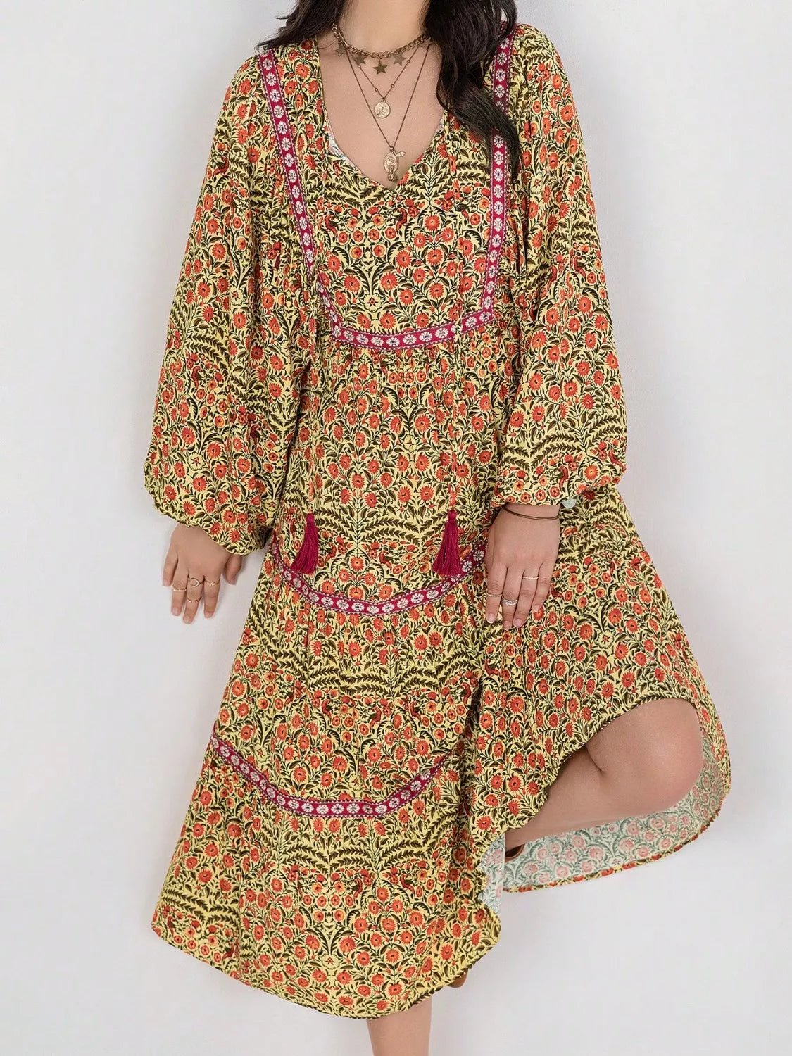 Floral Tiered Midi Dress with Balloon Sleeves - MAD RUFFI