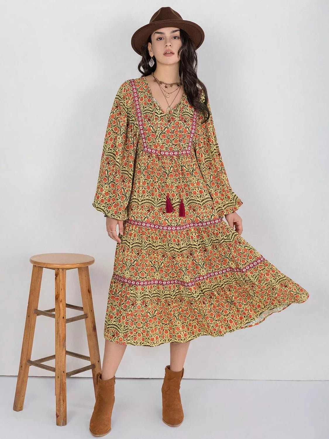 Floral Tiered Midi Dress with Balloon Sleeves - MAD RUFFI