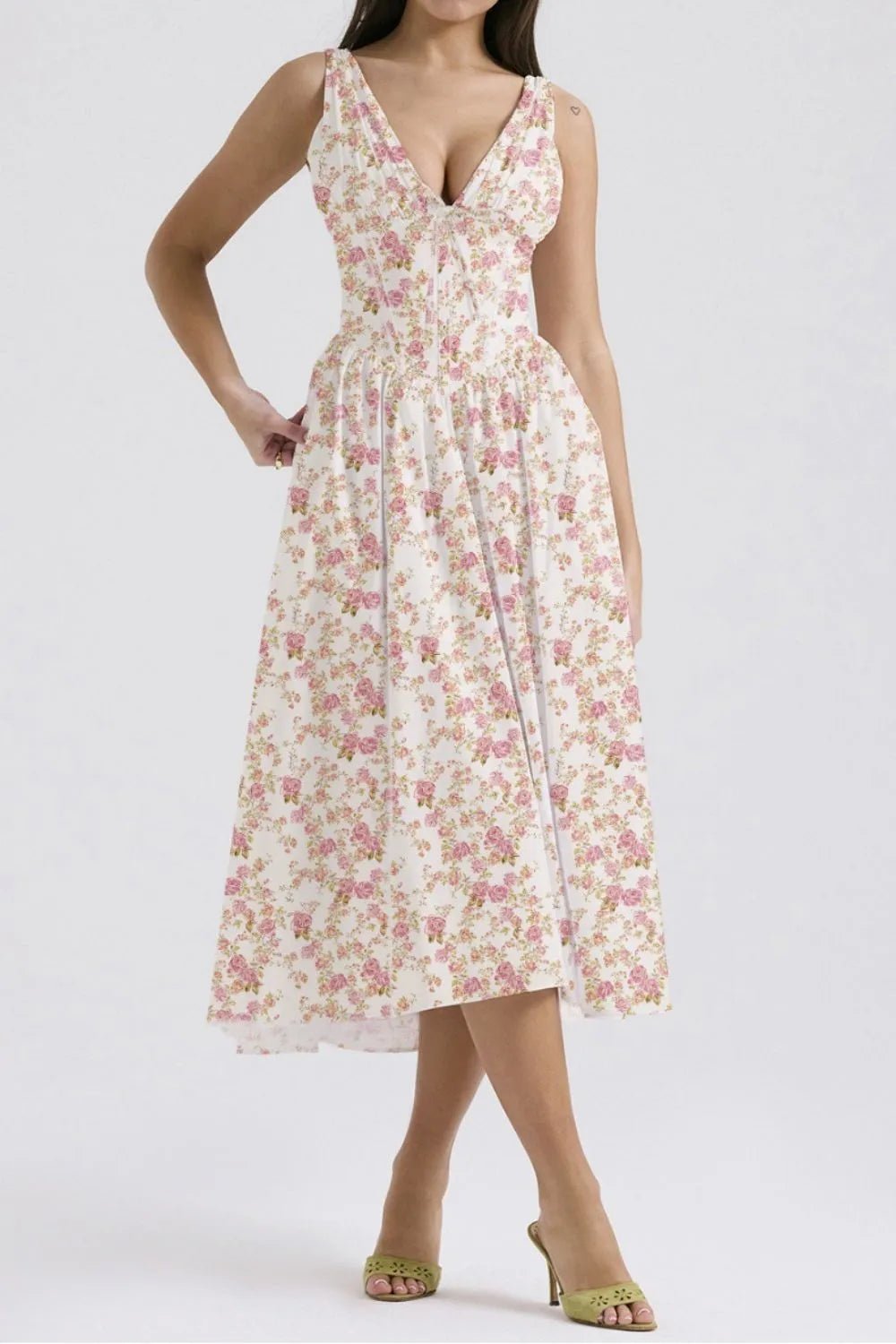Floral V - Neck Sleeveless Midi Dress with Pockets - MAD RUFFI