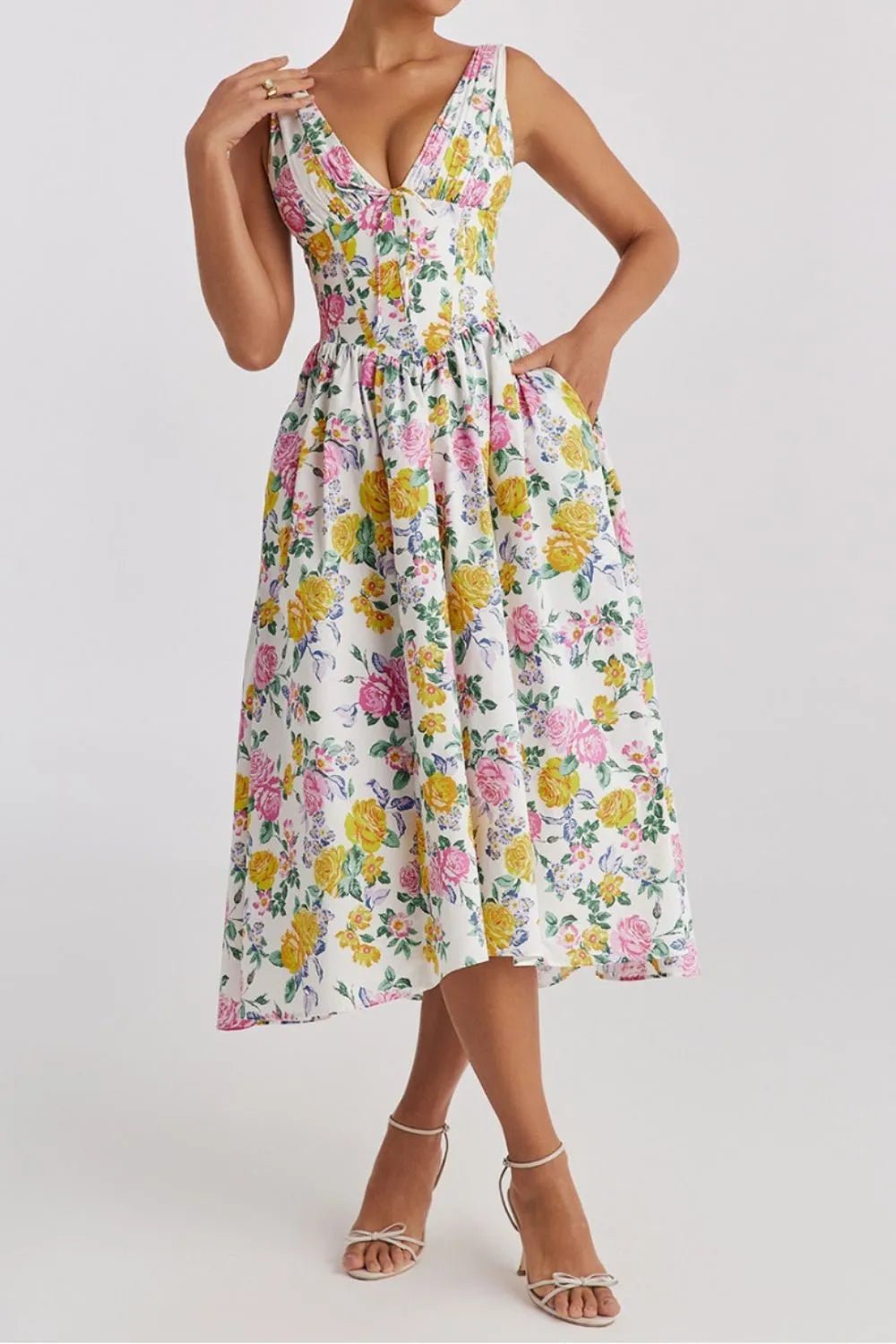 Floral V - Neck Sleeveless Midi Dress with Pockets - MAD RUFFI