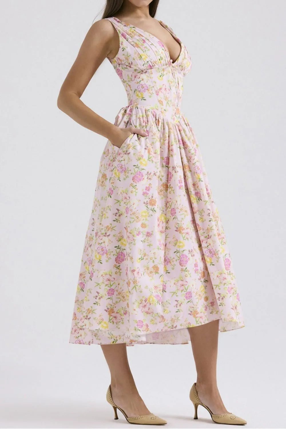 Floral V - Neck Sleeveless Midi Dress with Pockets - MAD RUFFI