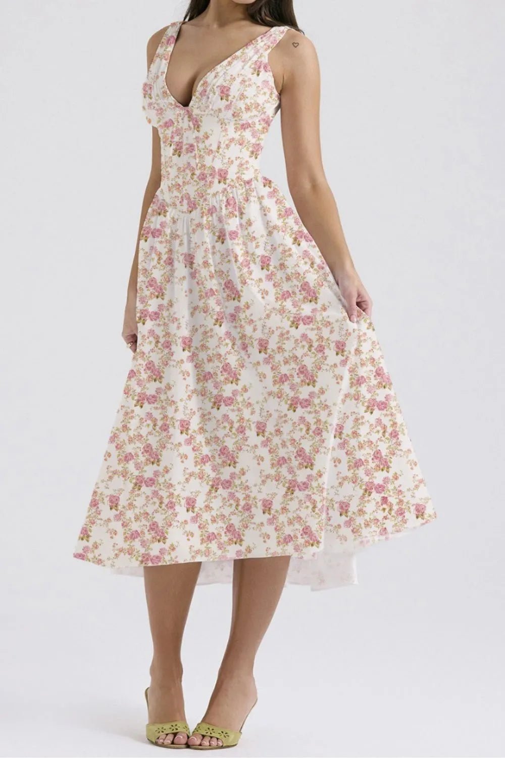 Floral V - Neck Sleeveless Midi Dress with Pockets - MAD RUFFI