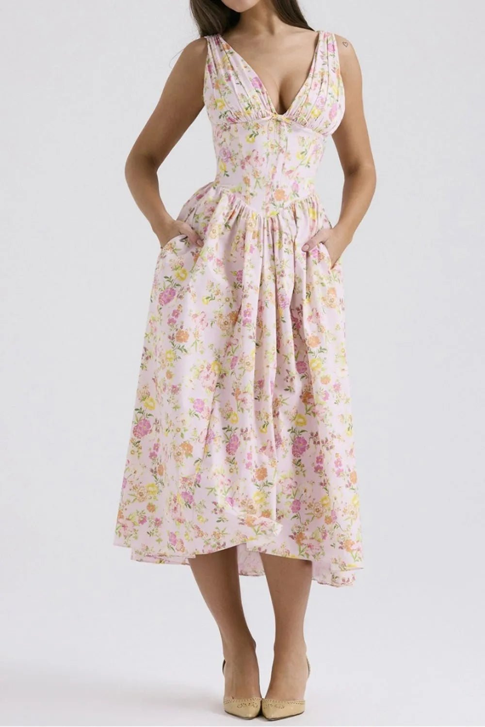 Floral V - Neck Sleeveless Midi Dress with Pockets - MAD RUFFI