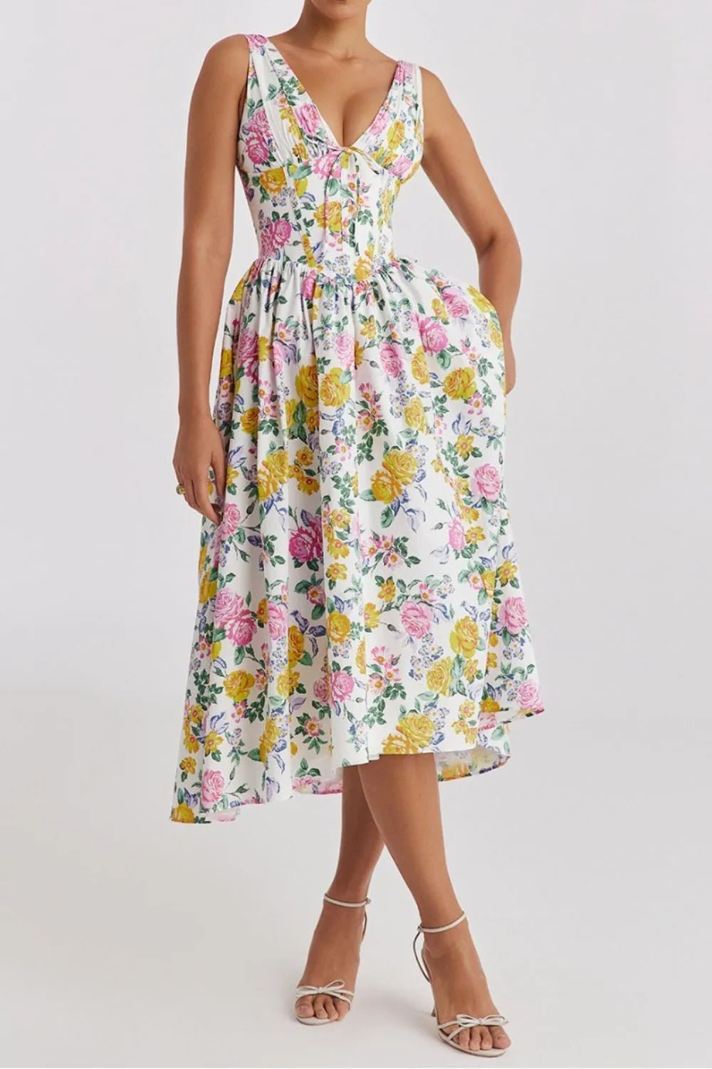Floral V - Neck Sleeveless Midi Dress with Pockets - MAD RUFFI