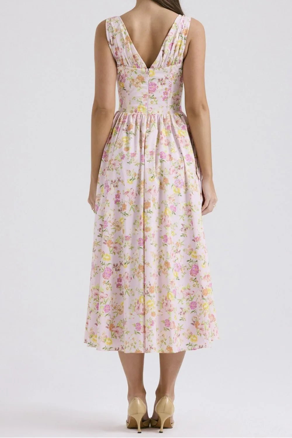 Floral V - Neck Sleeveless Midi Dress with Pockets - MAD RUFFI