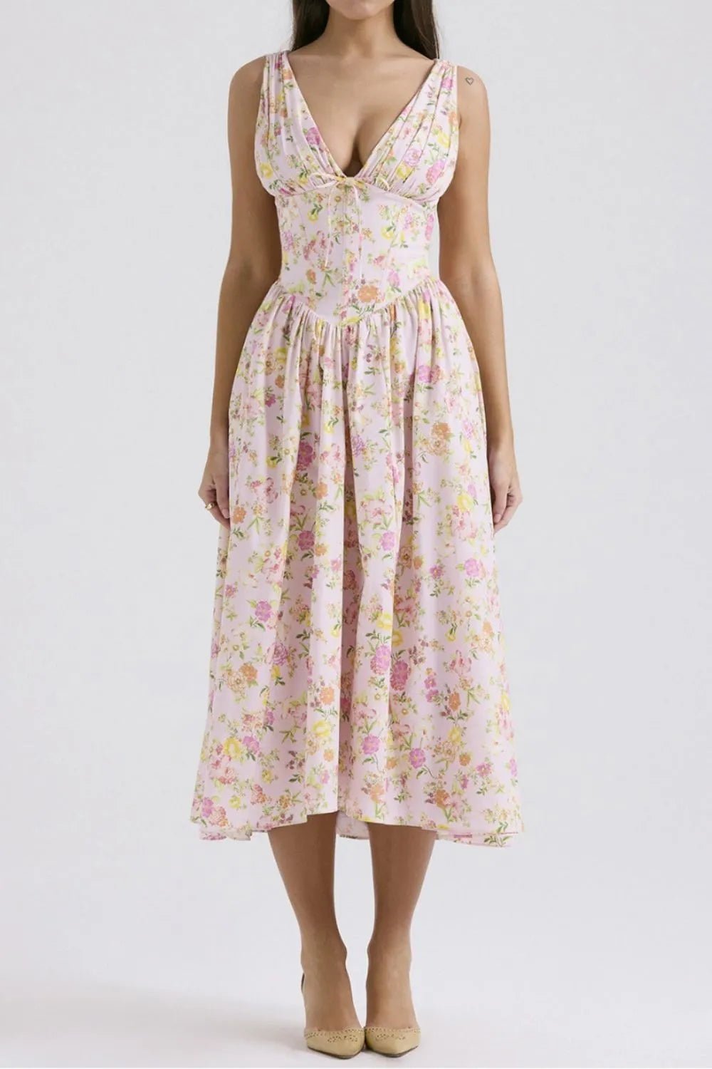 Floral V - Neck Sleeveless Midi Dress with Pockets - MAD RUFFI