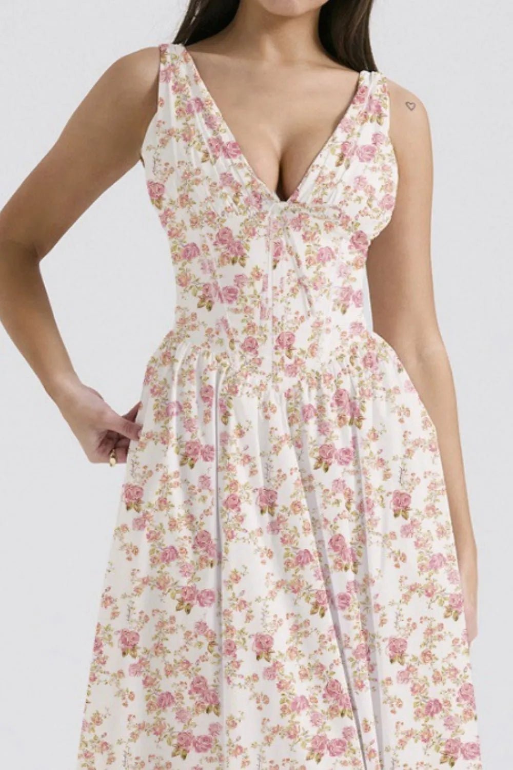 Floral V - Neck Sleeveless Midi Dress with Pockets - MAD RUFFI