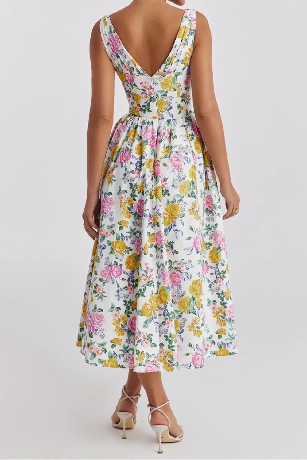 Floral V - Neck Sleeveless Midi Dress with Pockets - MAD RUFFI