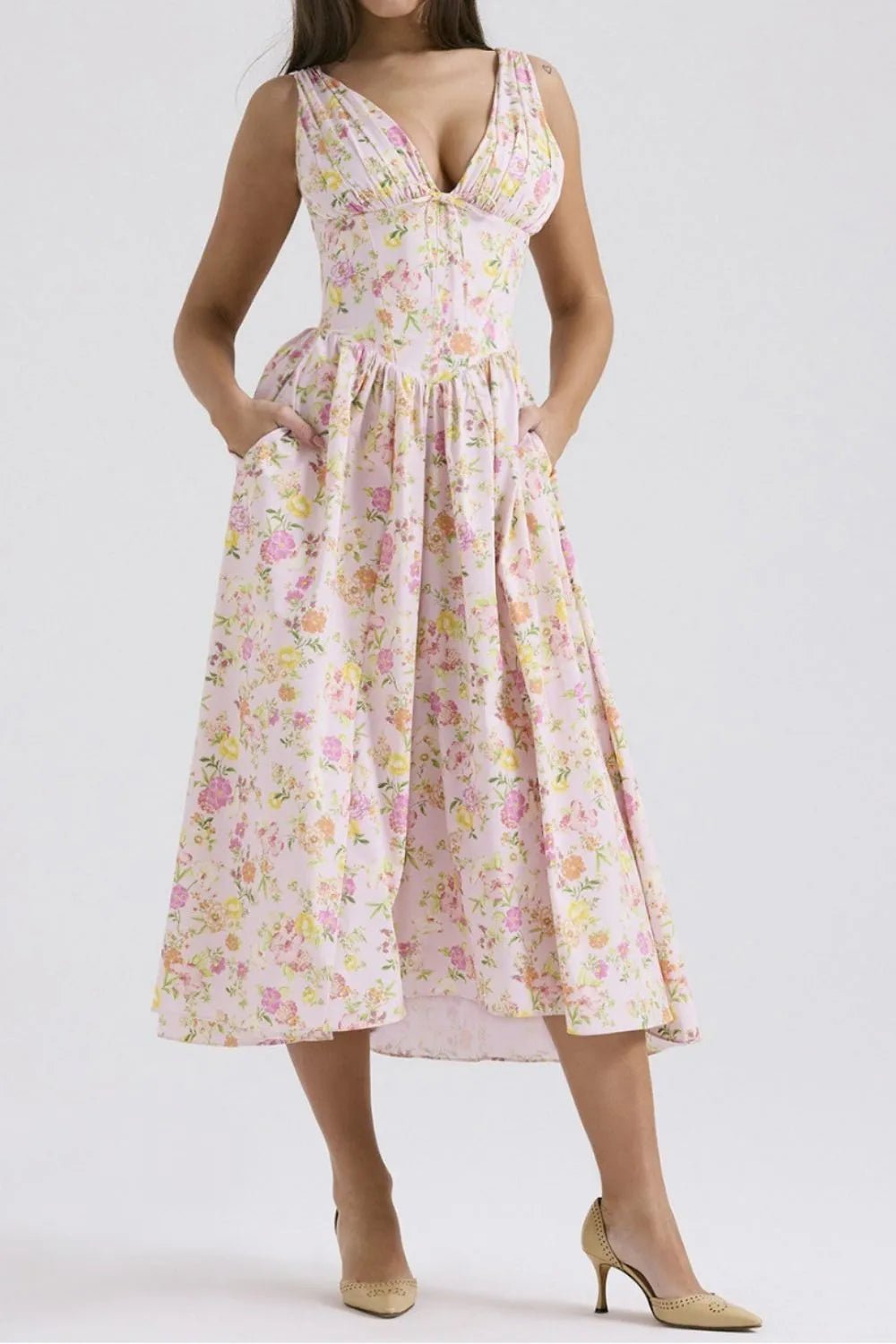 Floral V - Neck Sleeveless Midi Dress with Pockets - MAD RUFFI