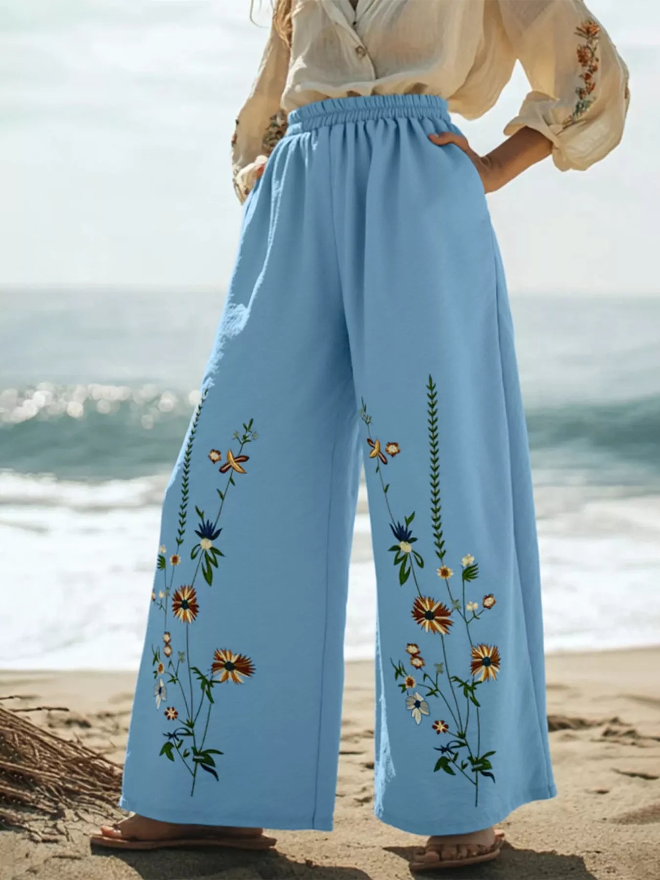 Floral Wide Leg Pants - MAD RUFFI