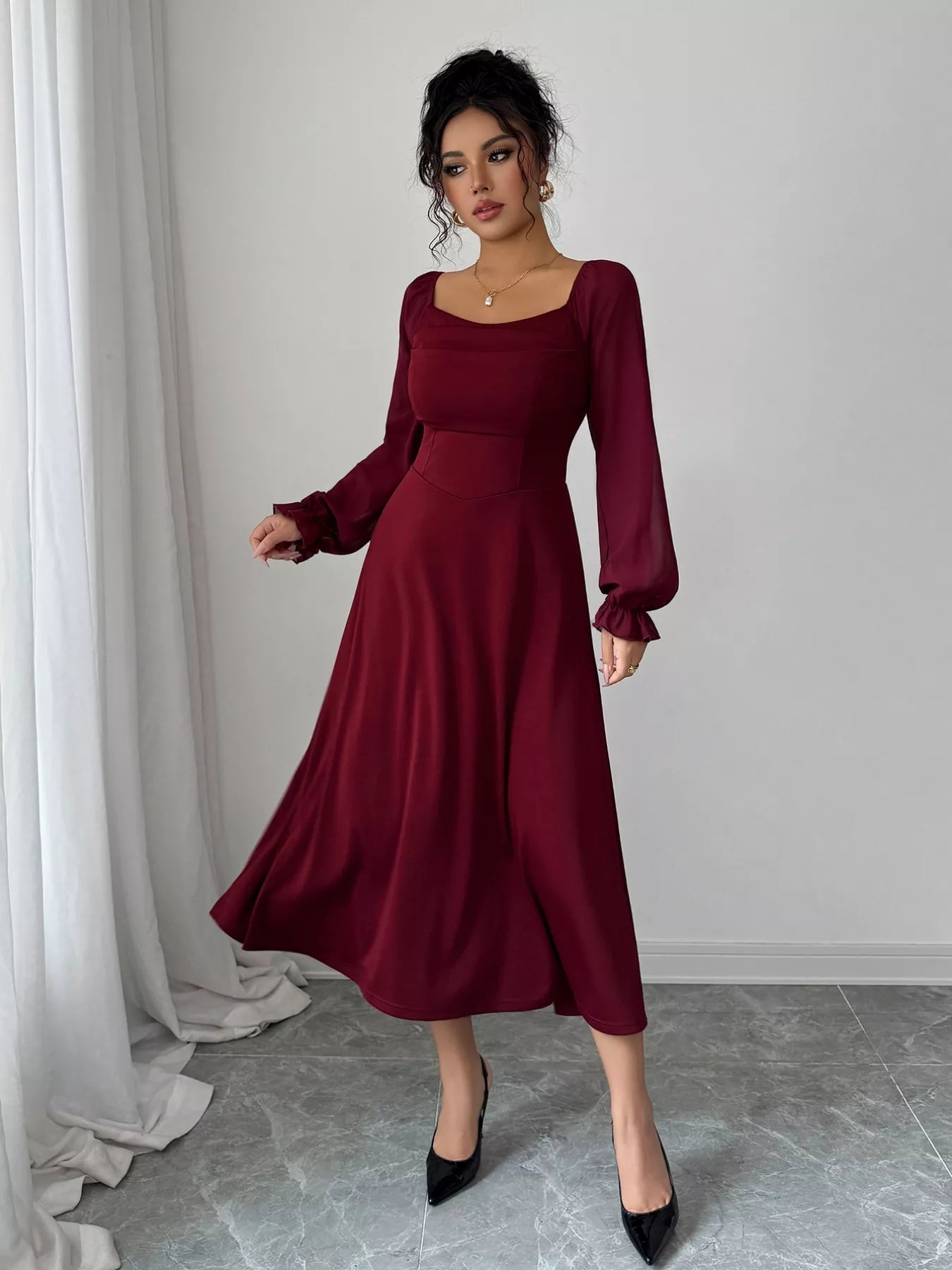 Flounce Sleeve A - Line Midi Dress - MAD RUFFI