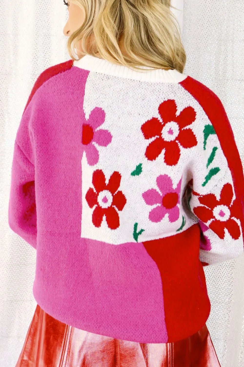 Flower Color Block Round Neck Sweater - MAD RUFFI