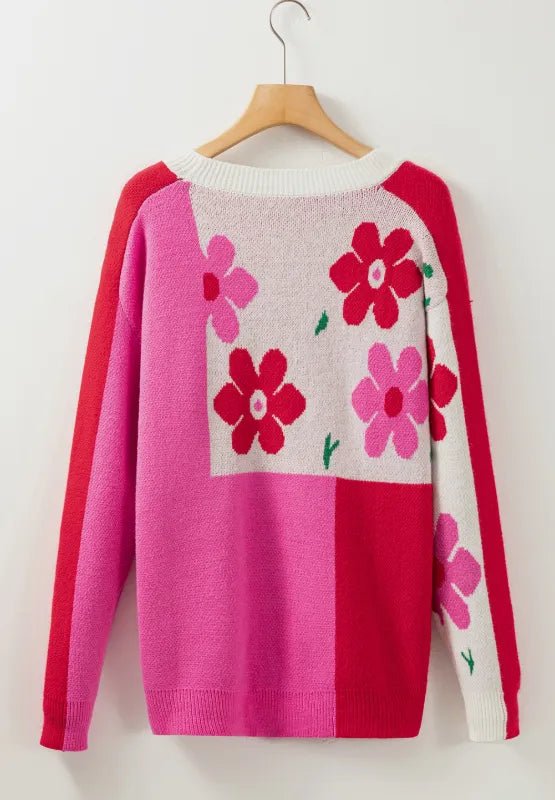 Flower Color Block Round Neck Sweater - MAD RUFFI