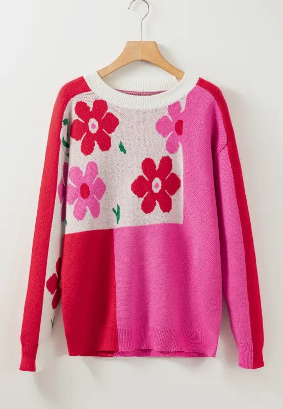 Flower Color Block Round Neck Sweater - MAD RUFFI