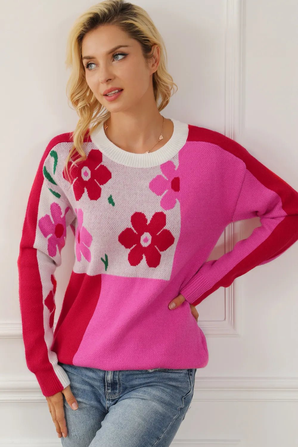 Flower Color Block Round Neck Sweater - MAD RUFFI