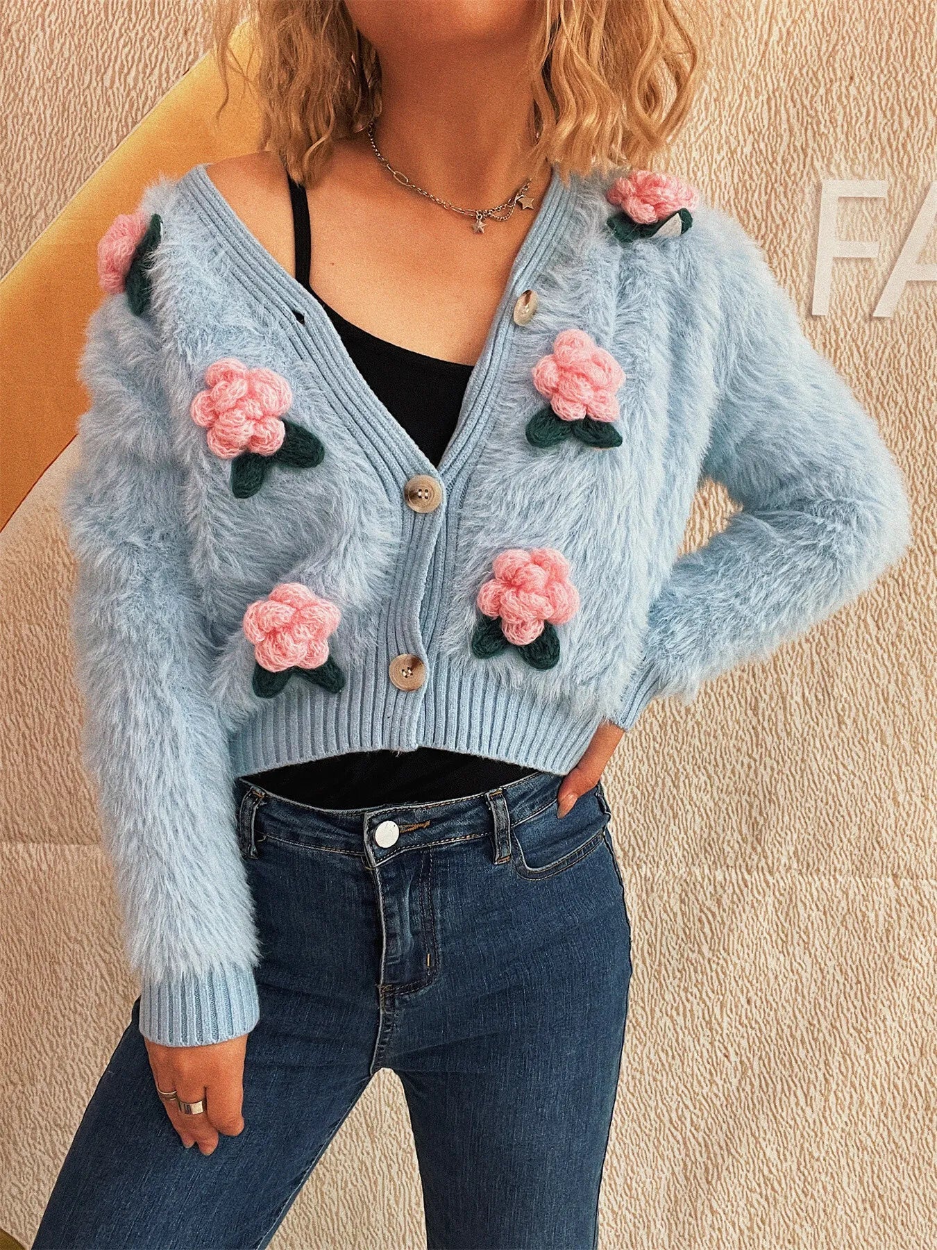 Flower Fuzzy Button - Up Cardigan - MAD RUFFI