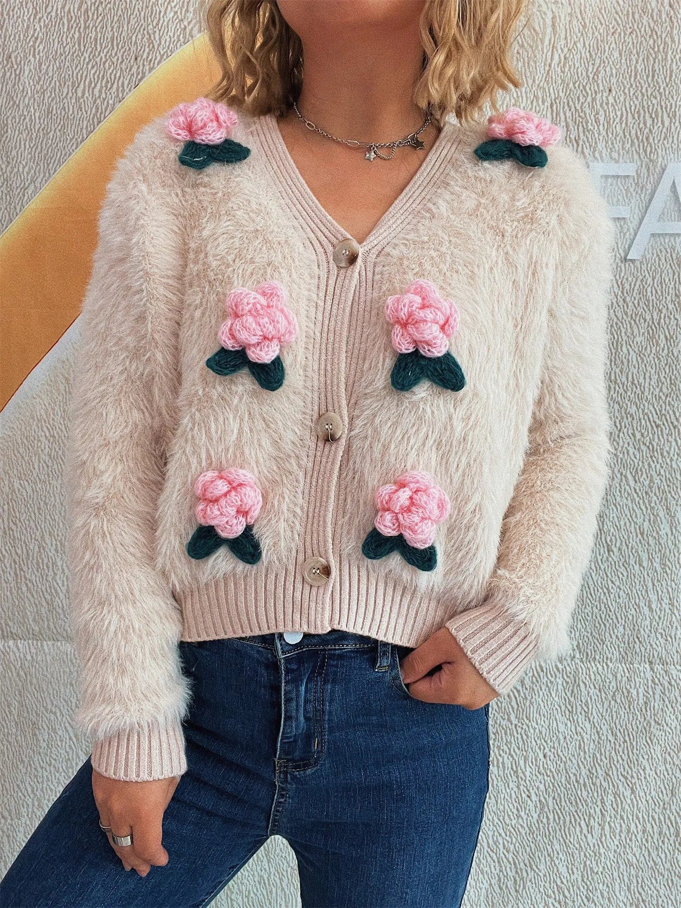 Flower Fuzzy Button - Up Cardigan - MAD RUFFI