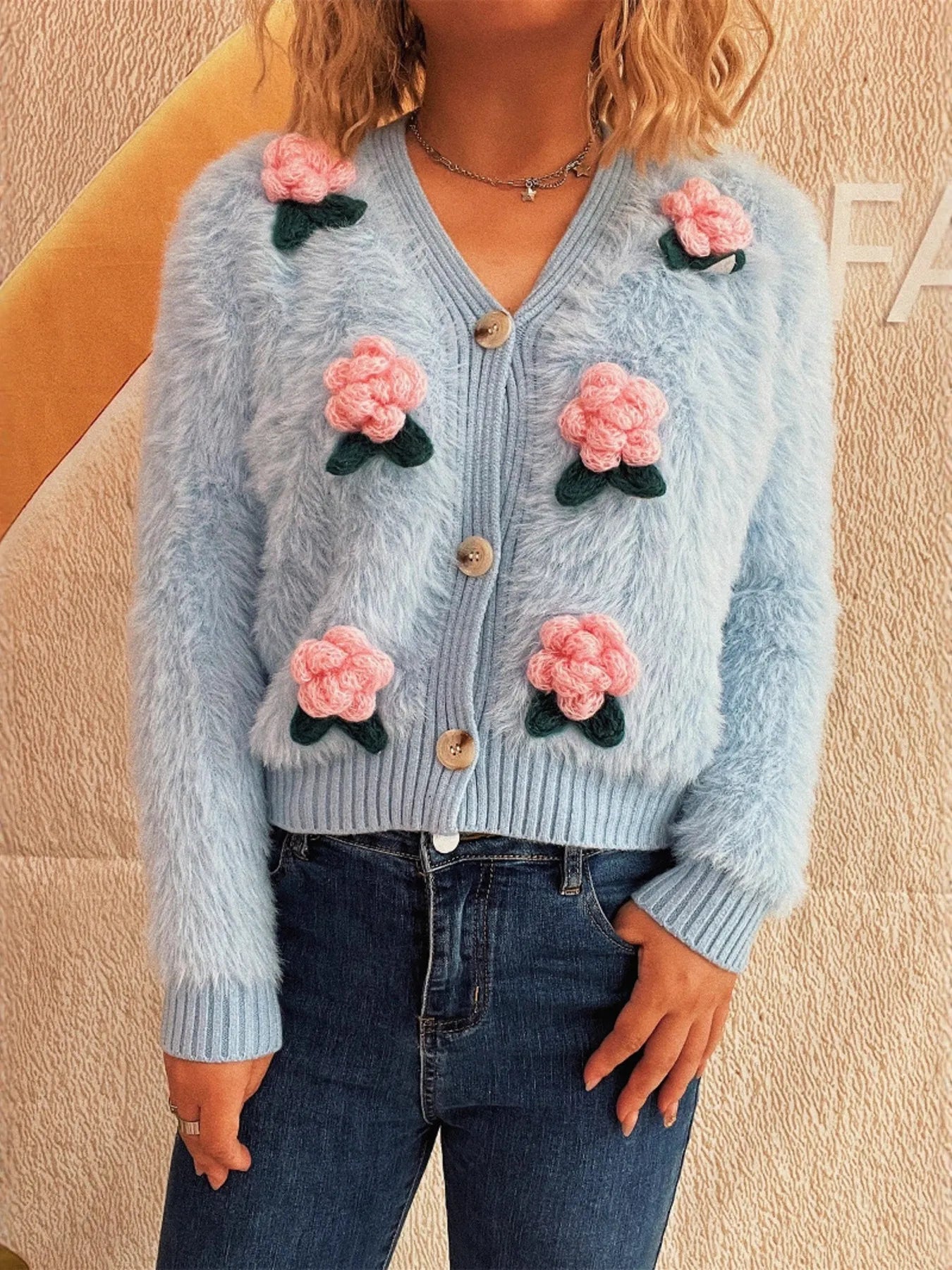Flower Fuzzy Button - Up Cardigan - MAD RUFFI