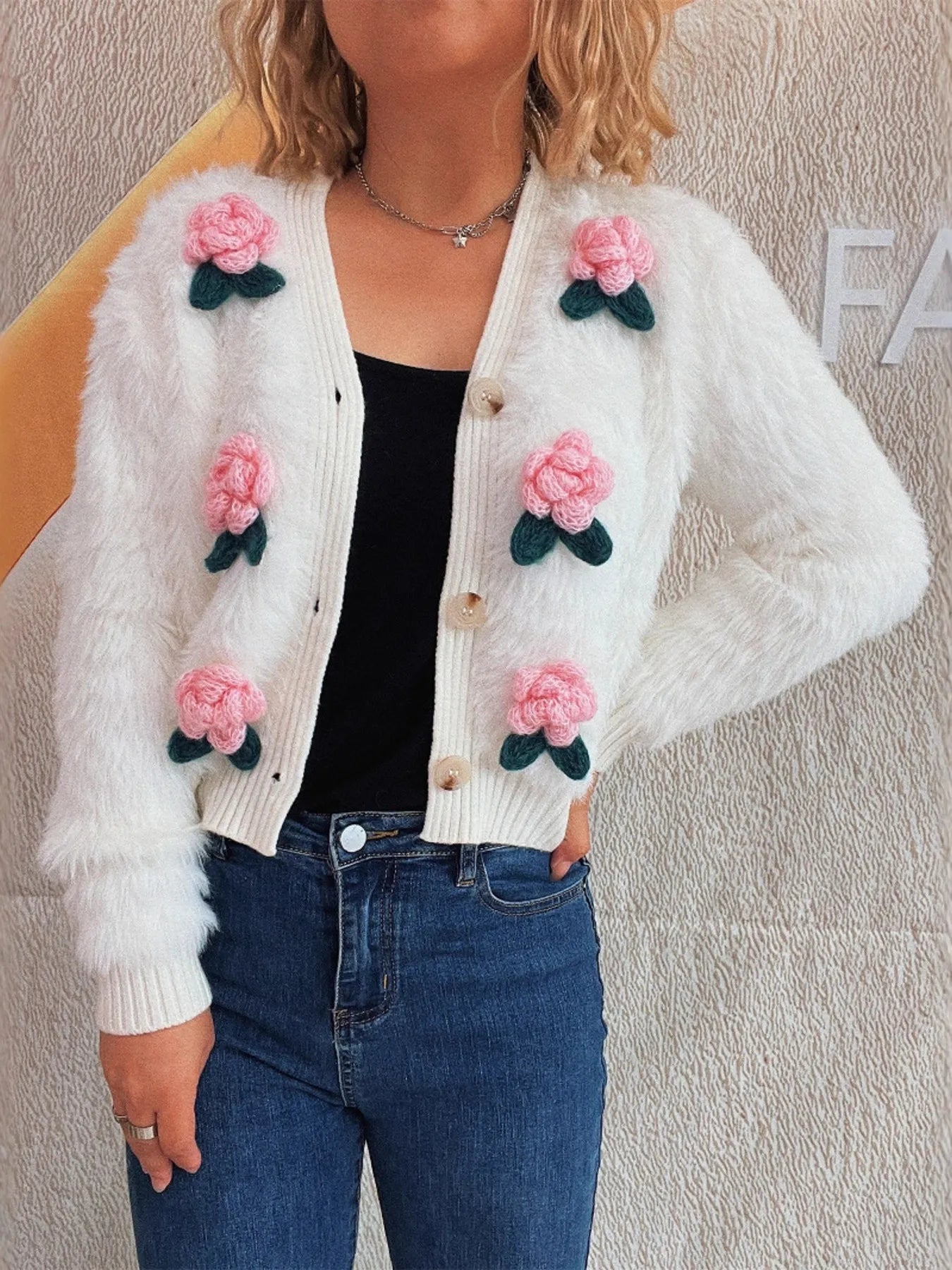 Flower Fuzzy Button - Up Cardigan - MAD RUFFI