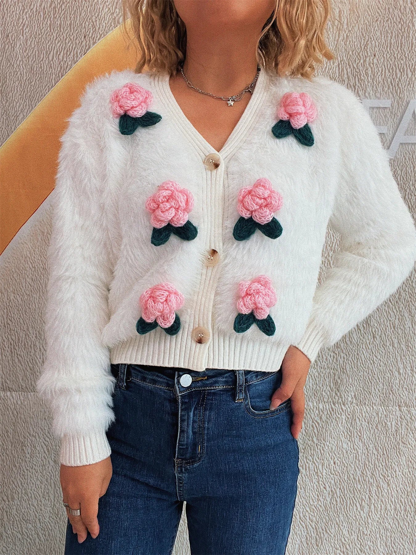 Flower Fuzzy Button - Up Cardigan - MAD RUFFI