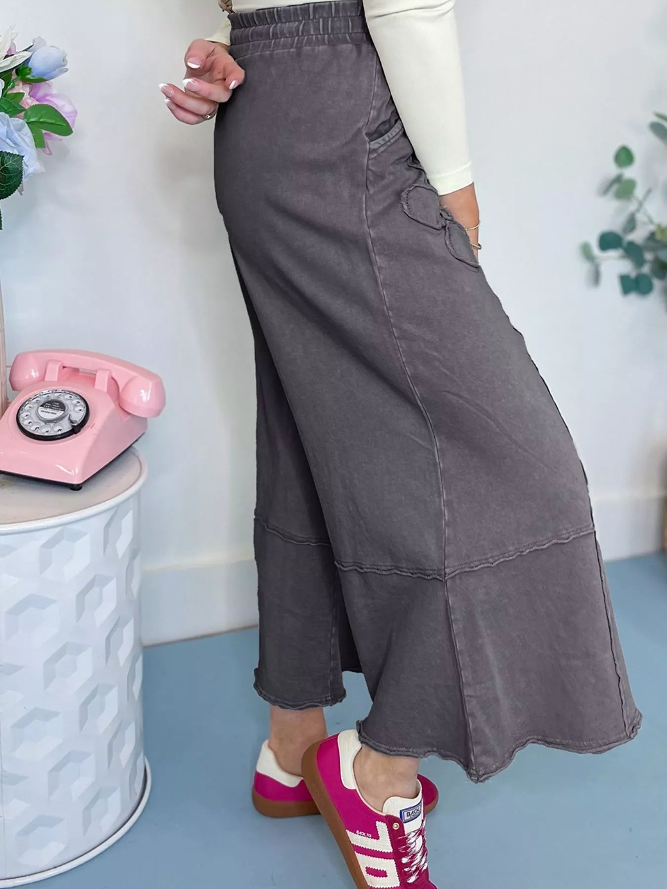 Flower Patch Mineral Washed Terry Knit Cropped Wide Leg Pants - MAD RUFFI