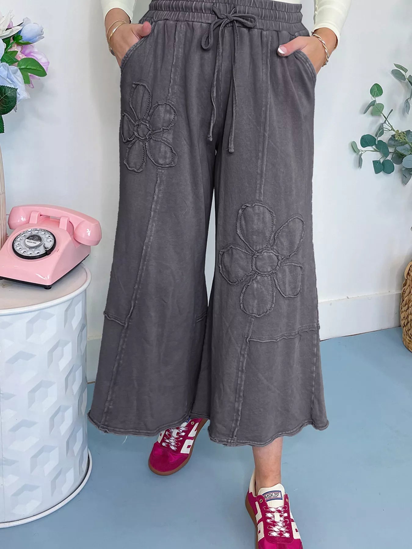 Flower Patch Mineral Washed Terry Knit Cropped Wide Leg Pants - MAD RUFFI