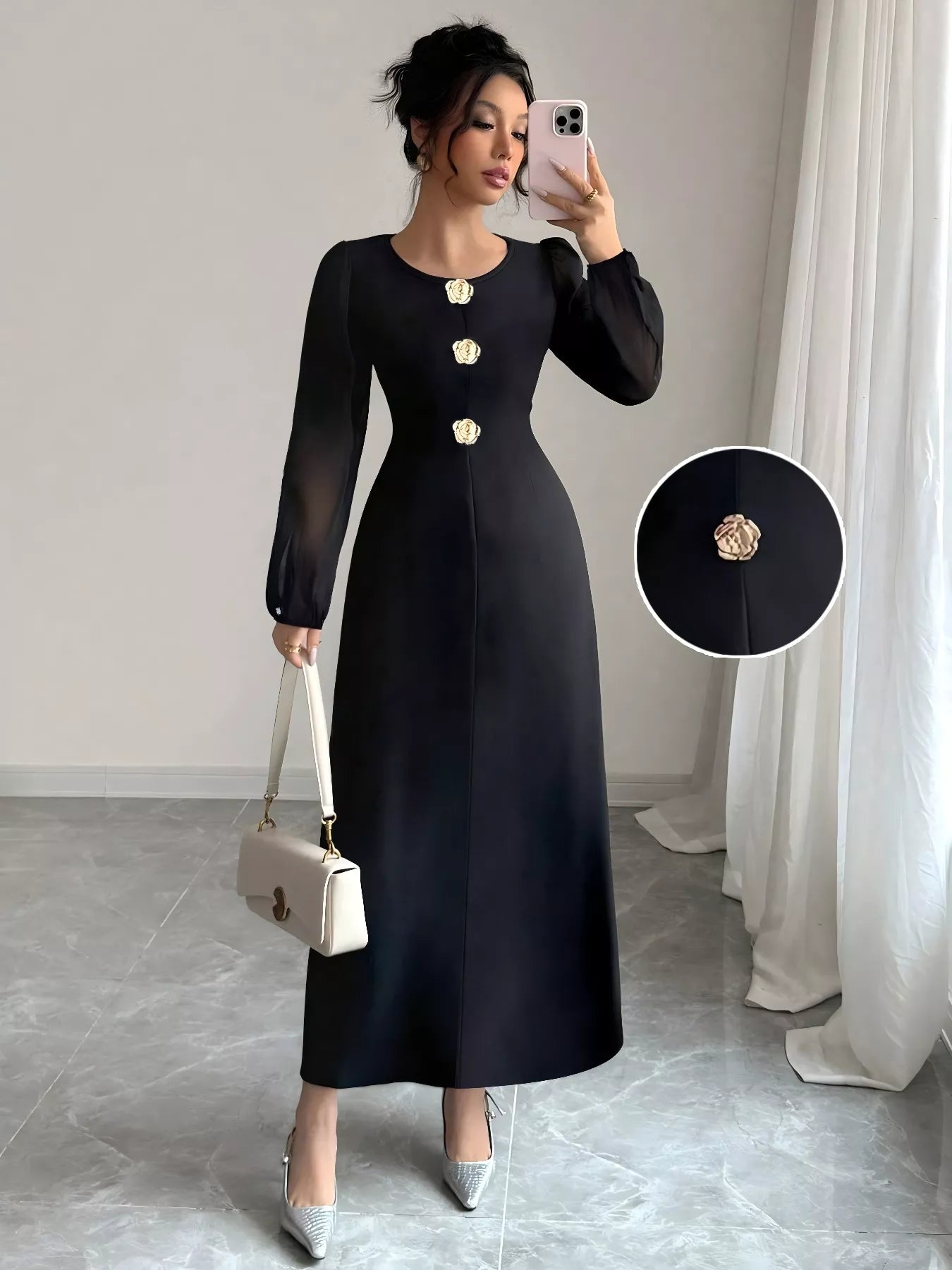 Flower Round Neck Long Sleeve Dress - MAD RUFFI