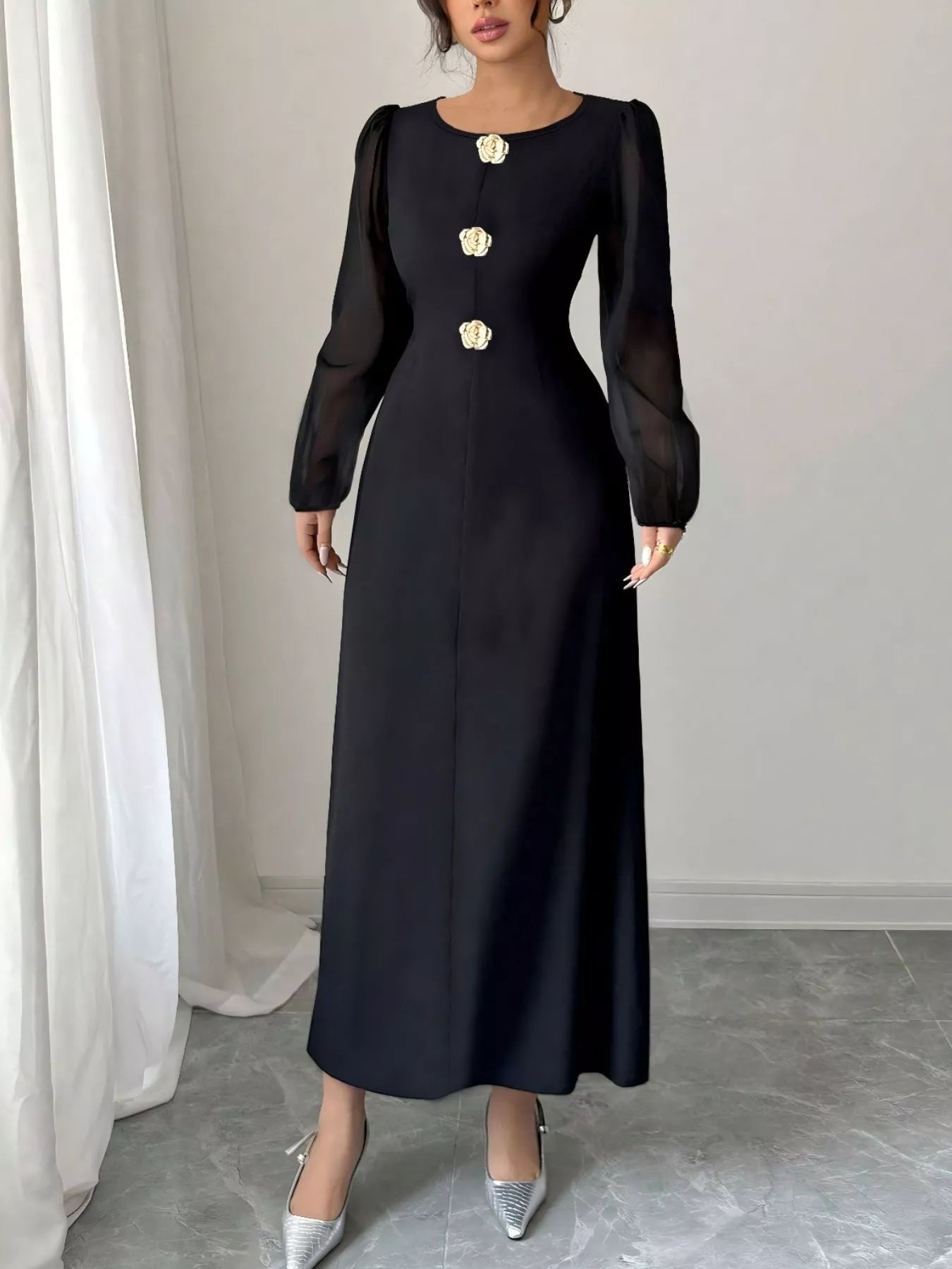 Flower Round Neck Long Sleeve Dress - MAD RUFFI