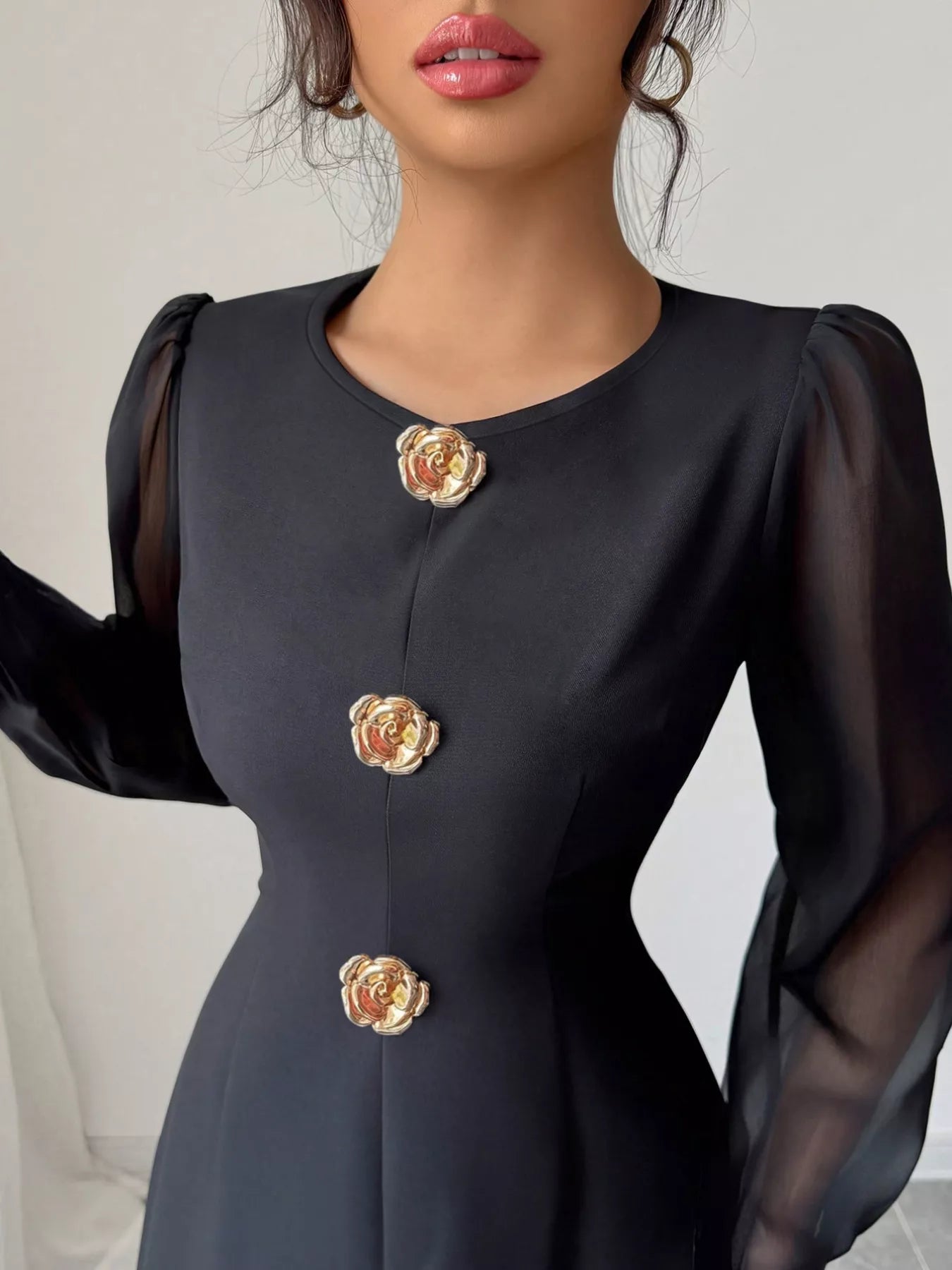 Flower Round Neck Long Sleeve Dress - MAD RUFFI