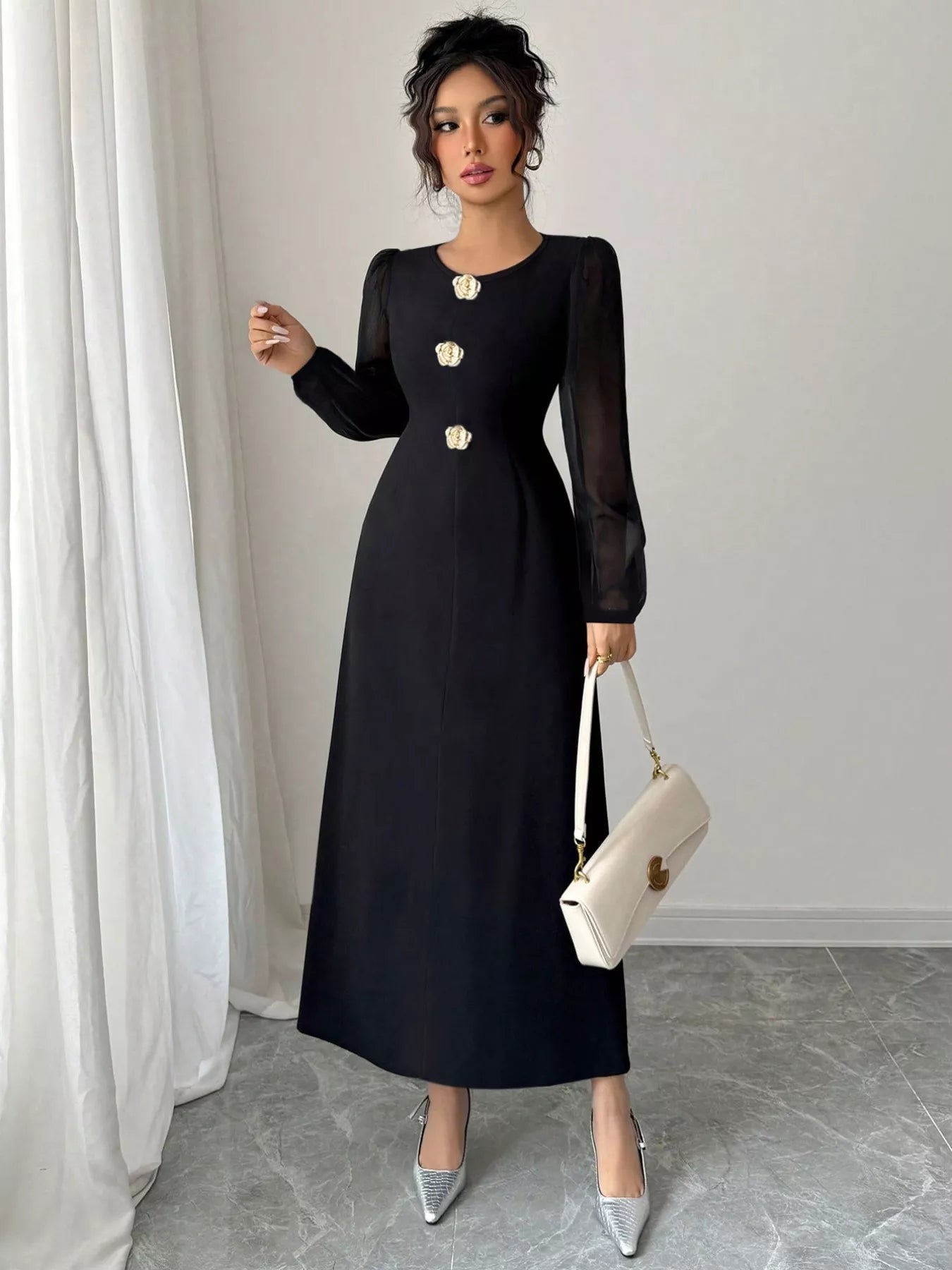 Flower Round Neck Long Sleeve Dress - MAD RUFFI