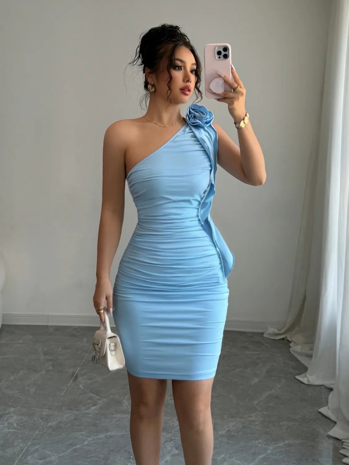 Flower Single Shoulder Mini Dress - MAD RUFFI