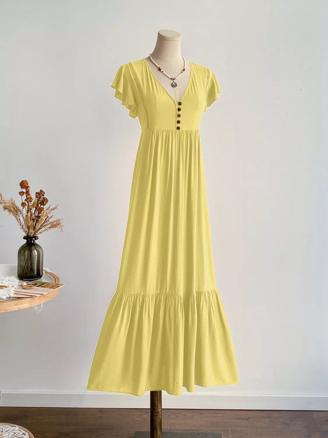 Flutter Sleeve Button Front Maxi Dress - MAD RUFFI