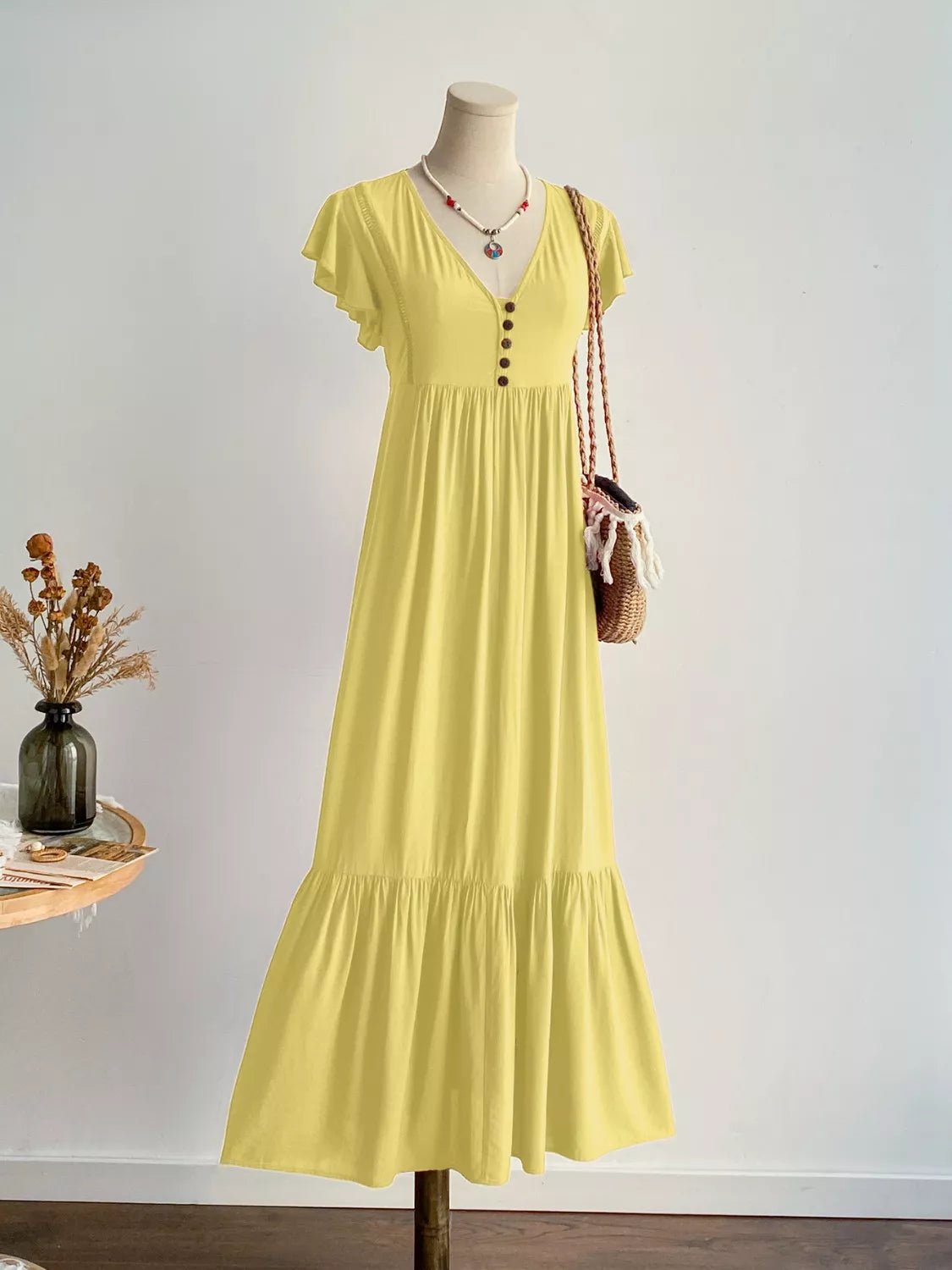 Flutter Sleeve Button Front Maxi Dress - MAD RUFFI