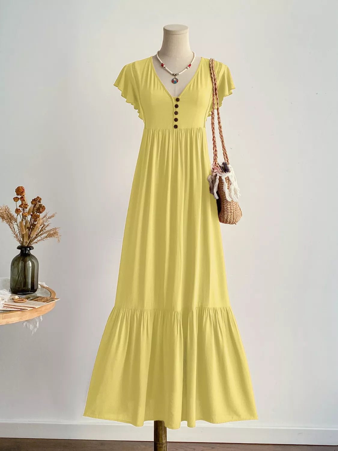 Flutter Sleeve Button Front Maxi Dress - MAD RUFFI