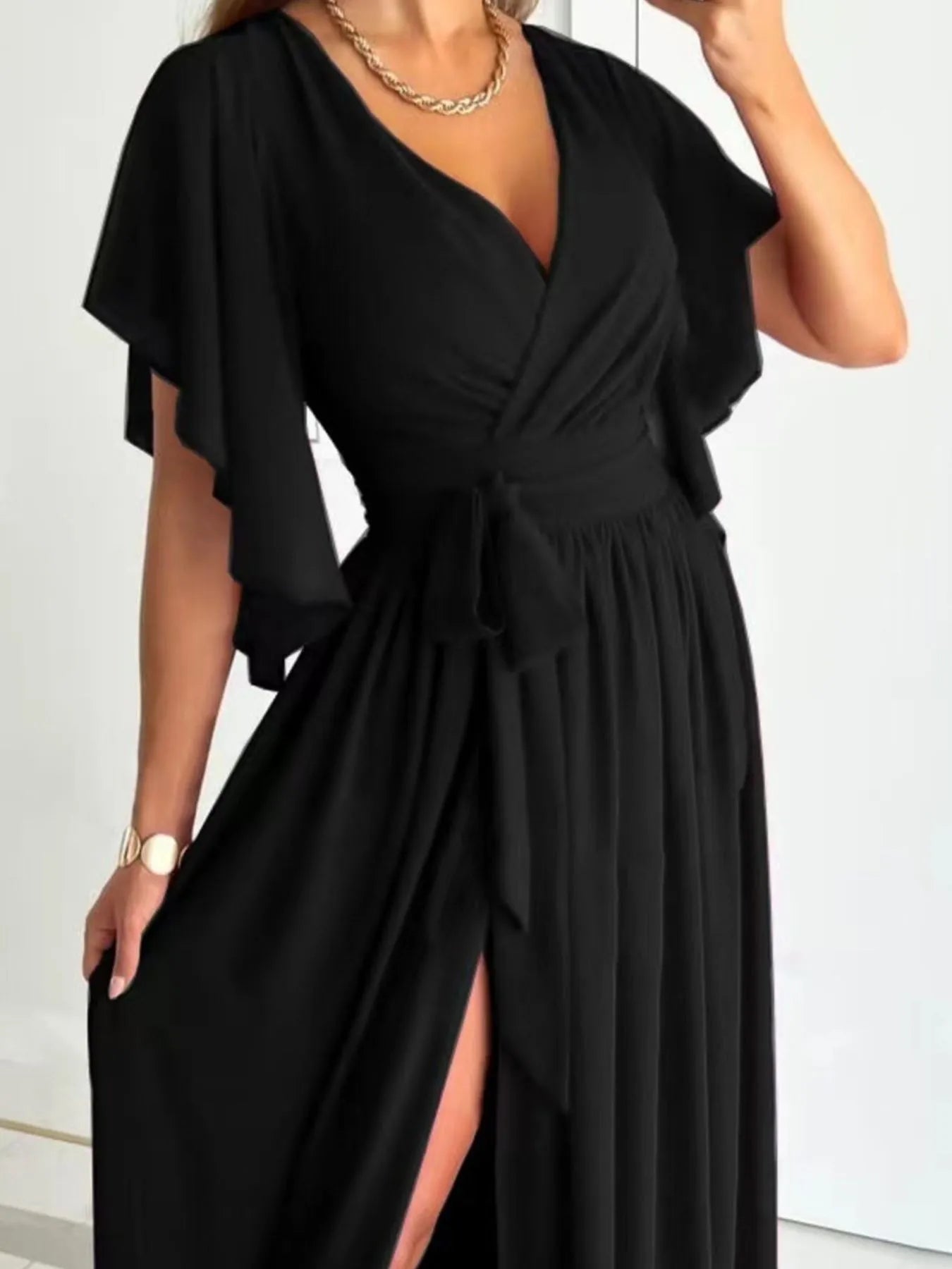 Flutter Sleeve Surplice Tie Waist Dress - MAD RUFFI