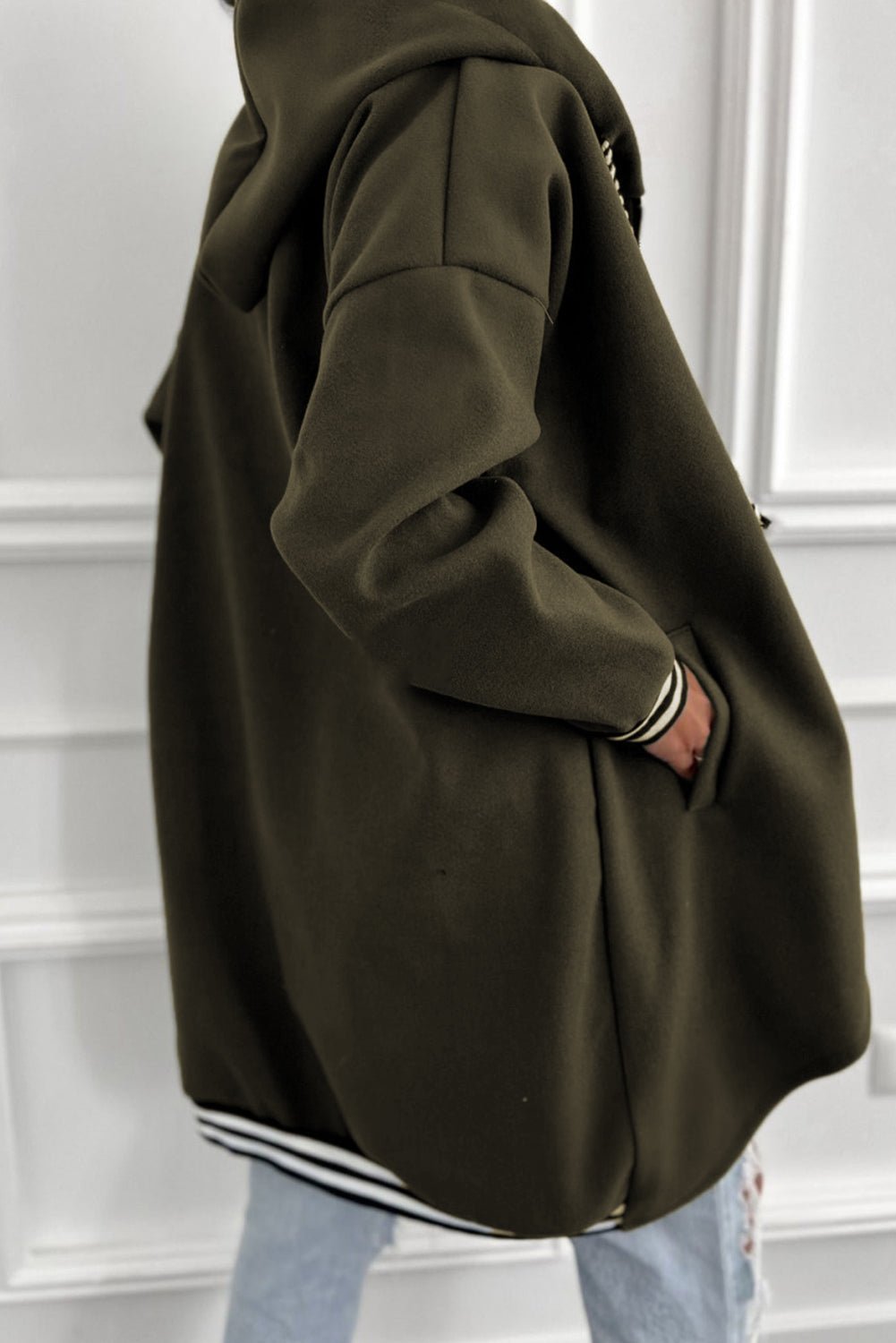 Four Leaf Clover Contrast Cuffed Drop Shoulder Zip up Tunic Hoodie - MAD RUFFI