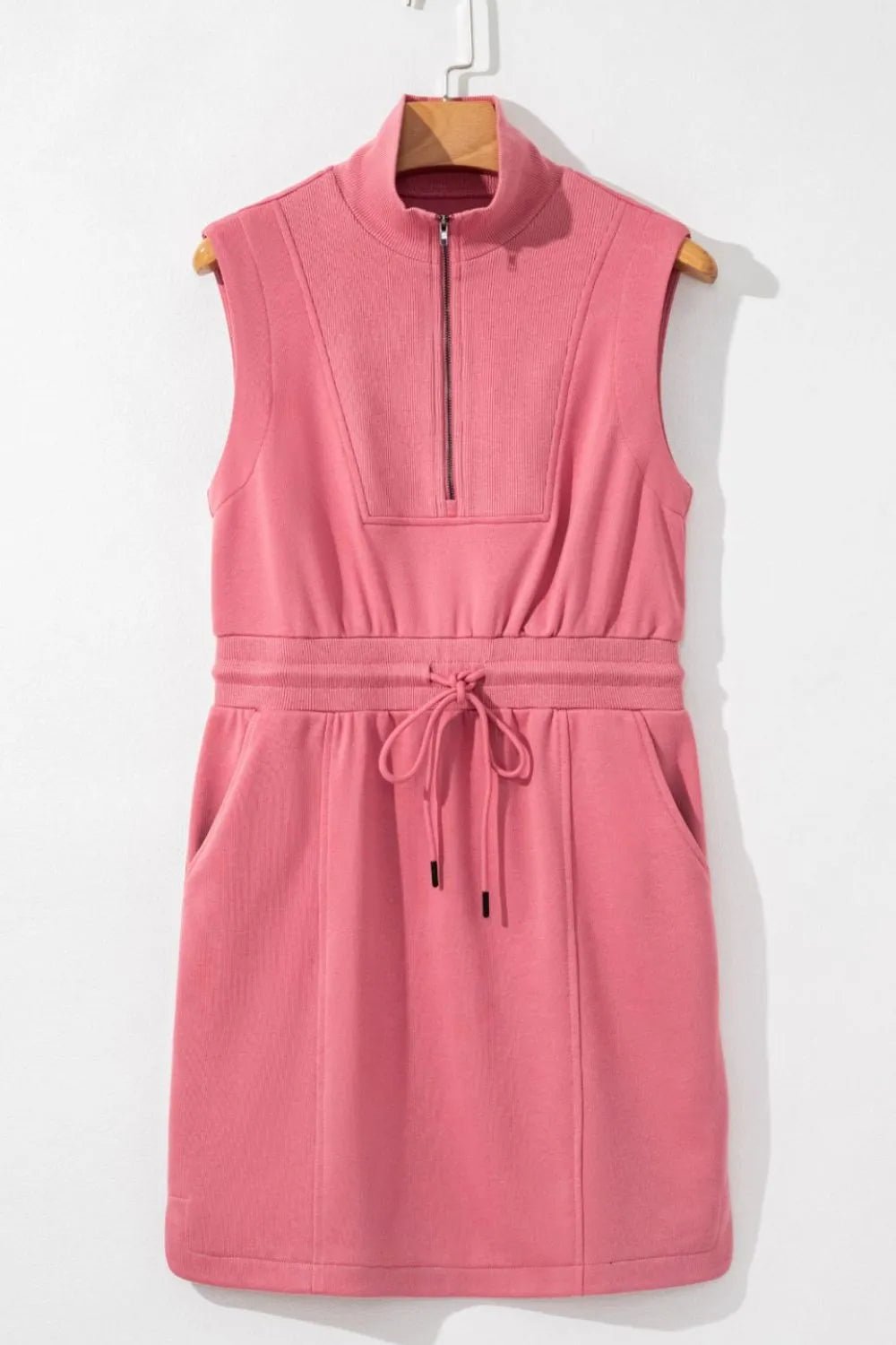 French Terry Zipped Collar Sleeveless Drawstring Waist Mini Dress - MAD RUFFI