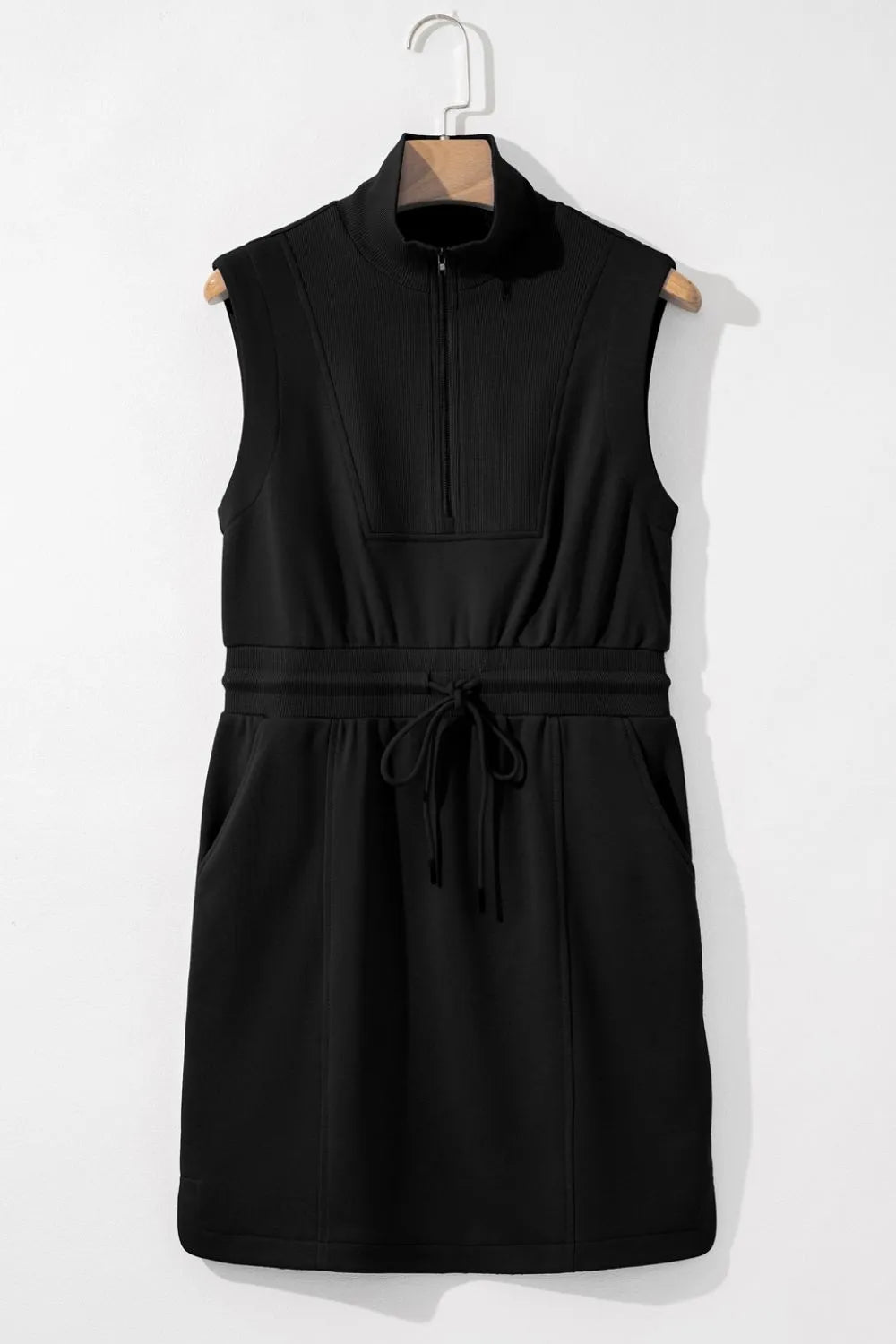 French Terry Zipped Collar Sleeveless Drawstring Waist Mini Dress - MAD RUFFI