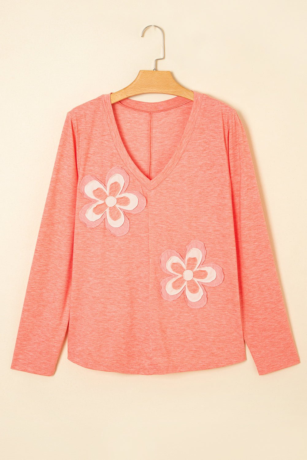 Fresh Salmon Floral Patched V Neck Long Sleeve Top - MAD RUFFI