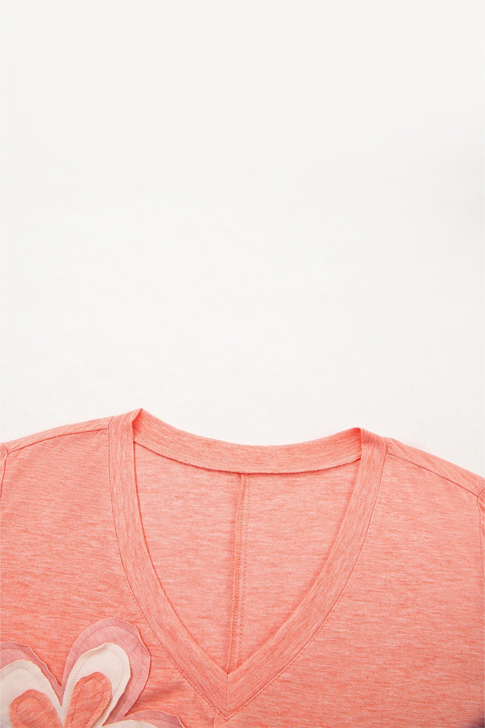 Fresh Salmon Floral Patched V Neck Long Sleeve Top - MAD RUFFI