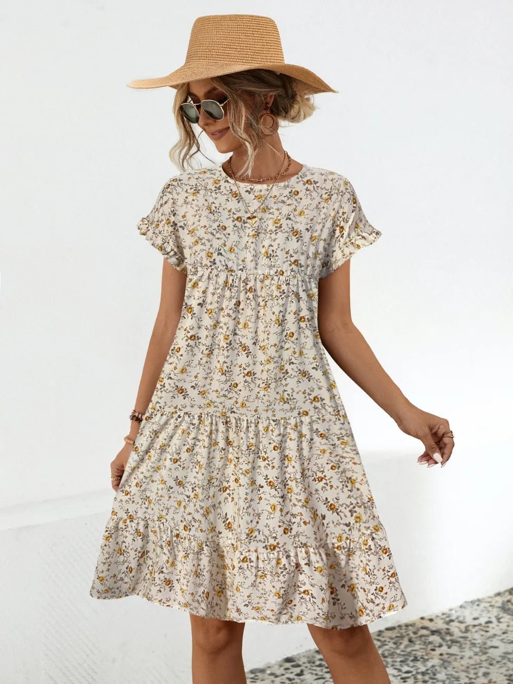 Frill Floral Round Neck Short Sleeve Tiered Dress - MAD RUFFI