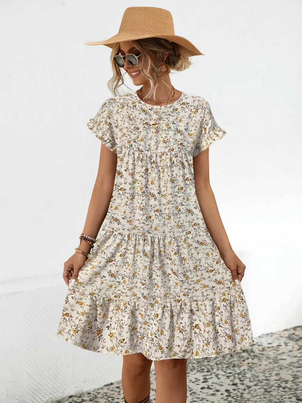 Frill Floral Round Neck Short Sleeve Tiered Dress - MAD RUFFI