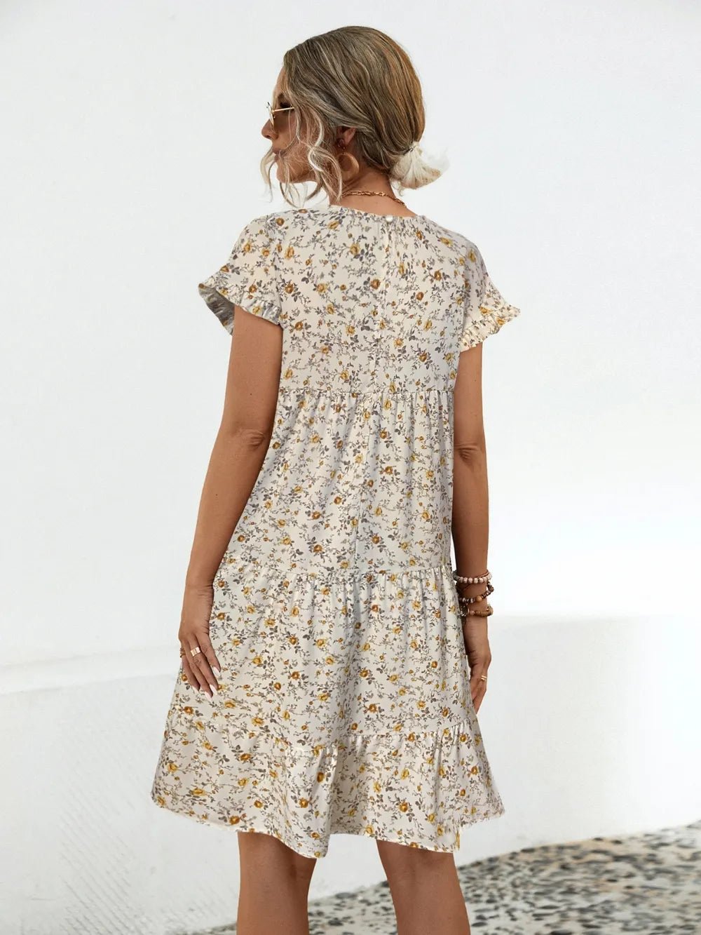 Frill Floral Round Neck Short Sleeve Tiered Dress - MAD RUFFI