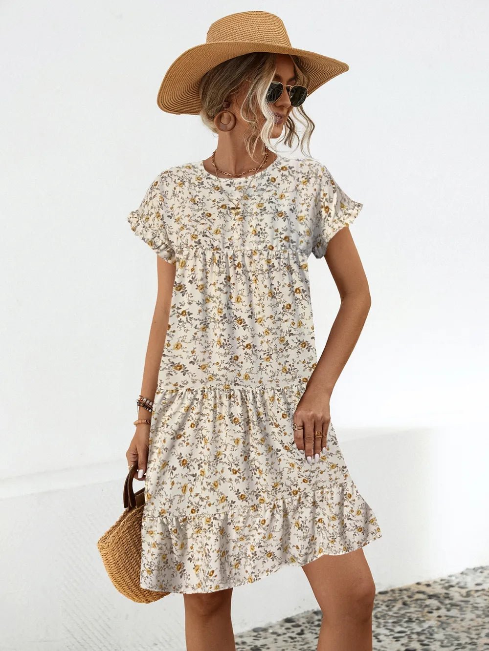 Frill Floral Round Neck Short Sleeve Tiered Dress - MAD RUFFI