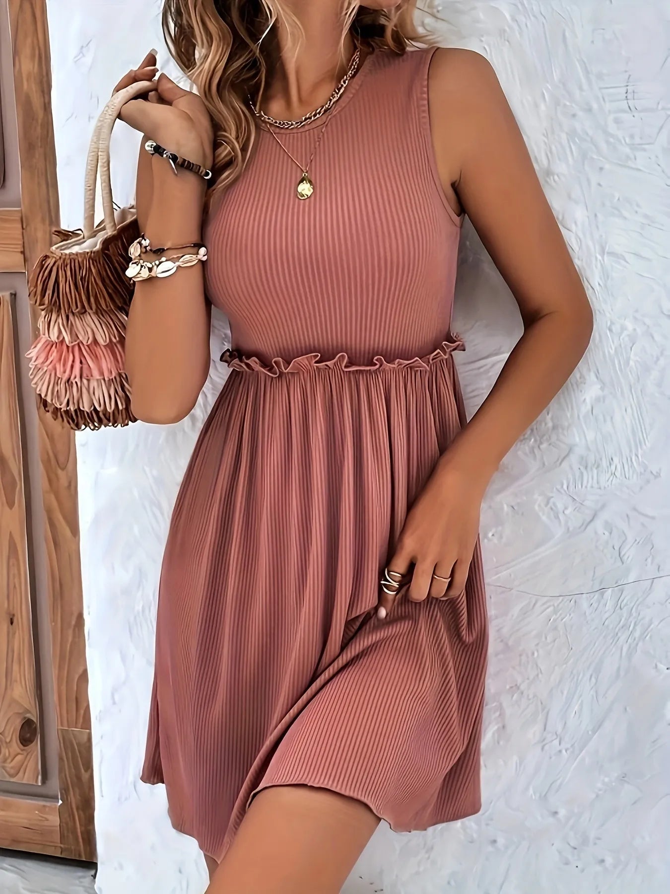 Frill Ribbed Sleeveless Mini Dress - MAD RUFFI