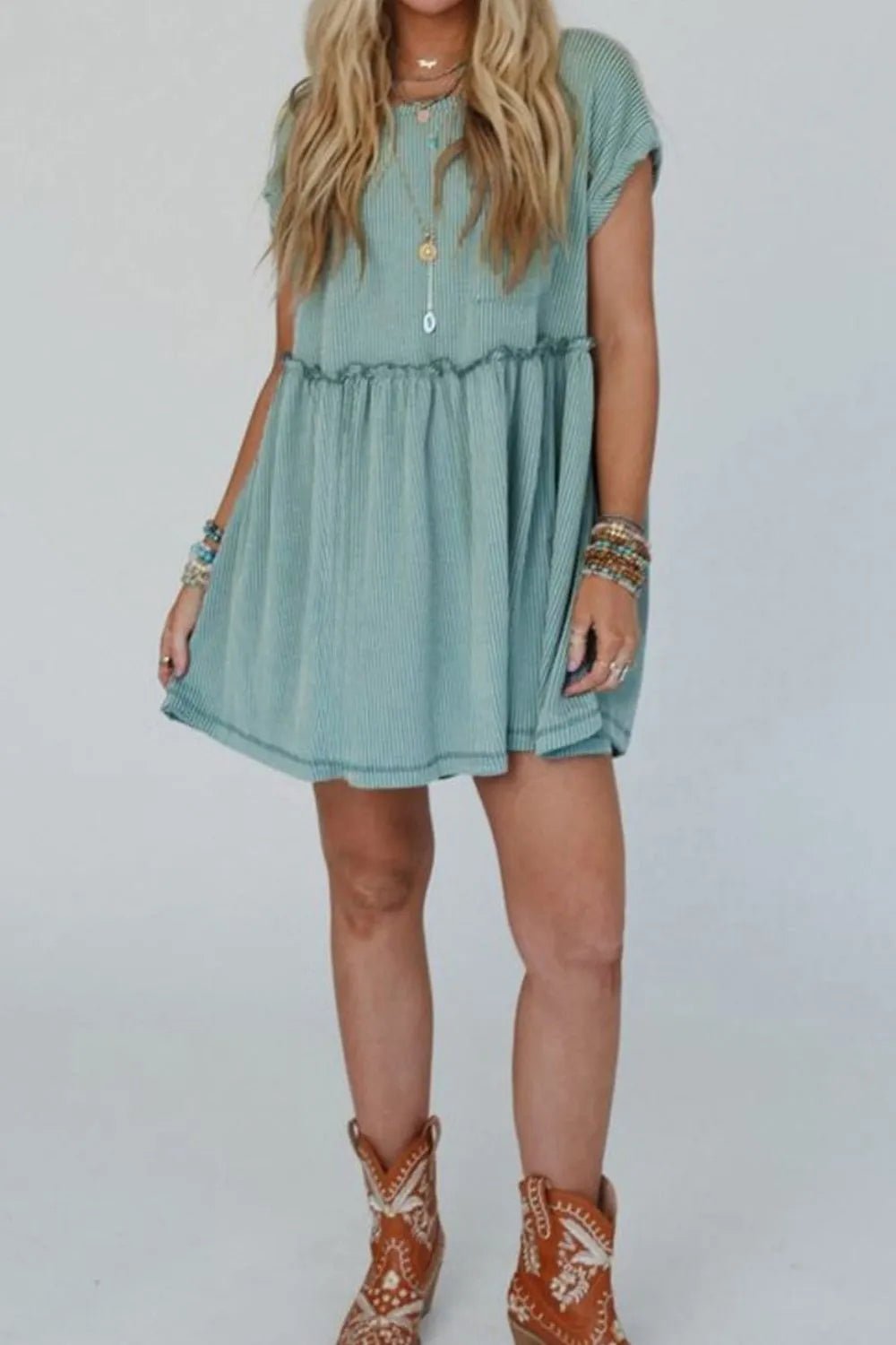 Frill Round Neck Cap Sleeve Mini Dress - MAD RUFFI